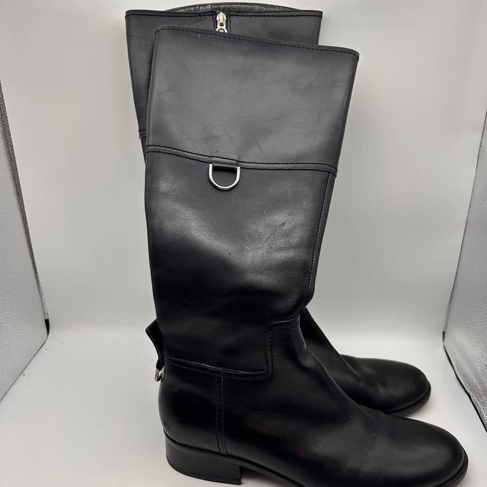 Etienne Aigner Eldidge Black Leather Riding Boots Women 8.5 M Tall Plaid Lining